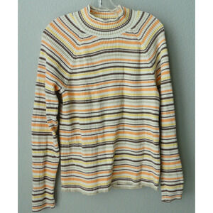 Studio Works Striped Sweater XL Mock Neck Cotton Orange Brown Earthy Knit